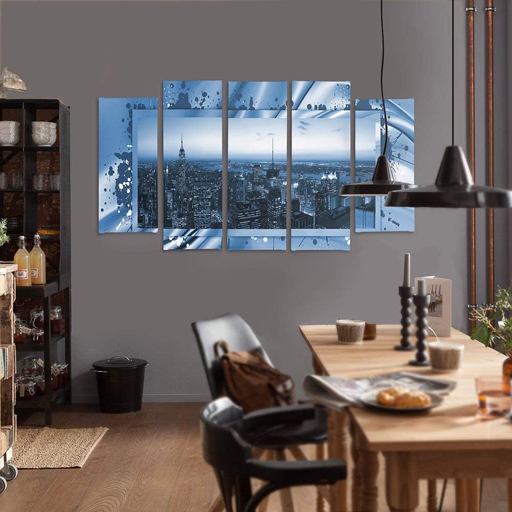 Feeby Frames, Leinwandbild Bilder Wand Bild - 5 Teile - Wandbilder Kunstdruck (New York City, BLAU)