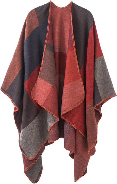 Shmily Girl - Damen Poncho Habe Gestrickt Überdimensionalen Decke Kap-Schal Plaid / Rot, Plaid / Rot