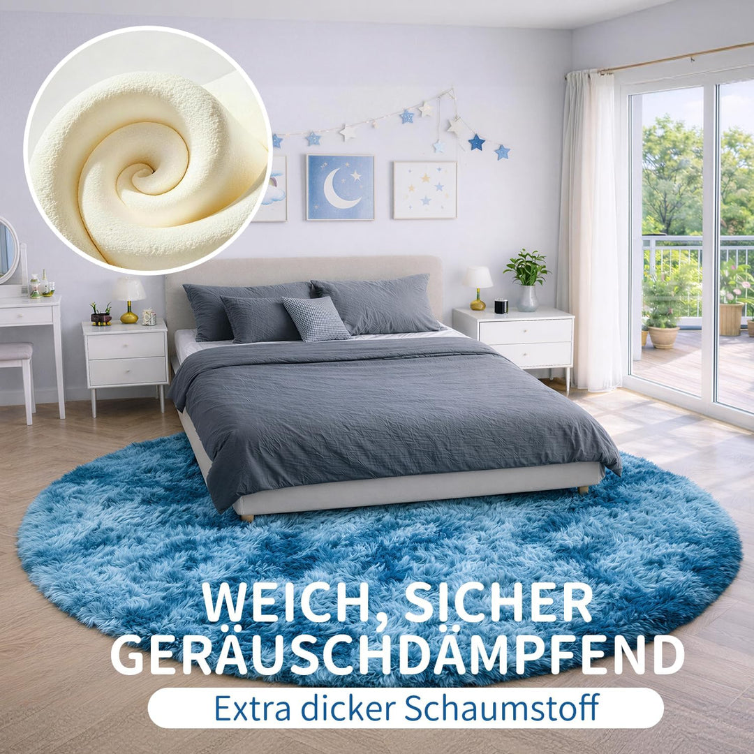 Teppich Rund 150 cm Navy blau Waschbar Rutschfester Hochflor Runder Teppich Wohnzimmer Weich Flausch