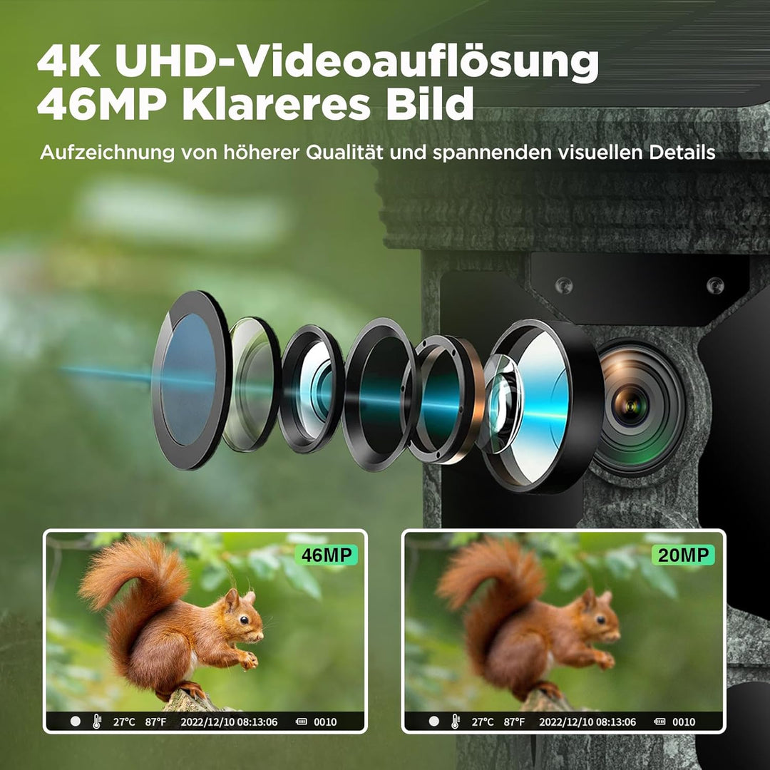 VOOPEAK Wildkamera WLAN Solar, 4K 30fps 46MP Wildkamera mit Handyübertragung App, Wildtierkamera mit