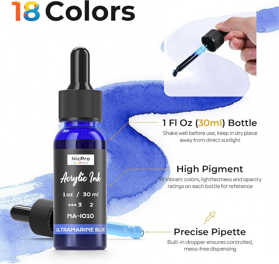 Nicpro 18 Farben Acrylic Ink Set, 30 ml Flasche mit Tropfer, Flüssige Acryltinte Schnell Trocknende,