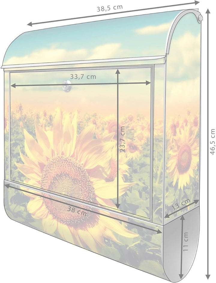 banjado® Design Briefkasten mit Motiv Sonnenblumen 39x47x14cm &amp; 2 Schlüssel - Briefkasten Stahl Silb