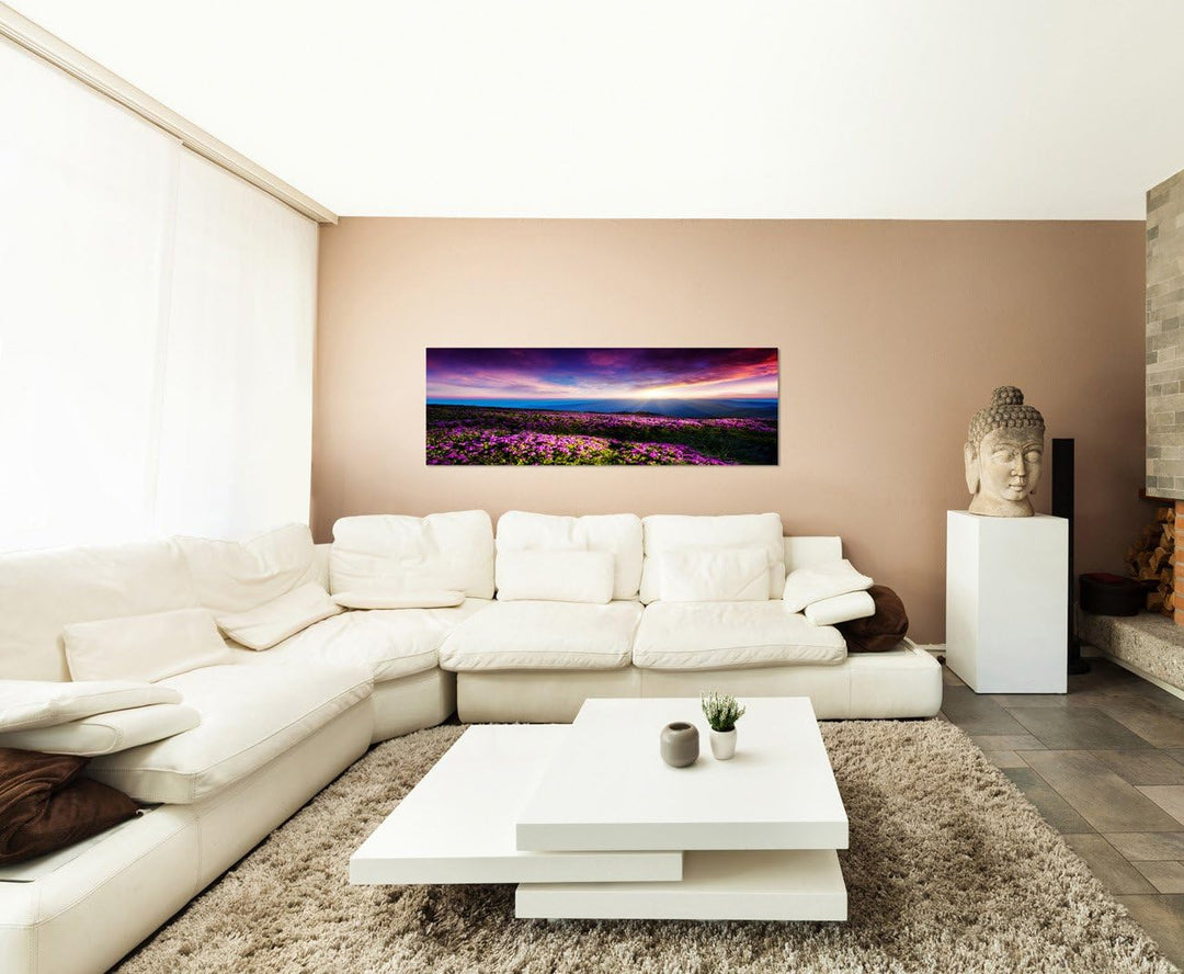 Paul Sinus Art Panoramabild auf Leinwand und Keilrahmen 120x40cm Ukraine Blumenwiese Berge Sonnenunt