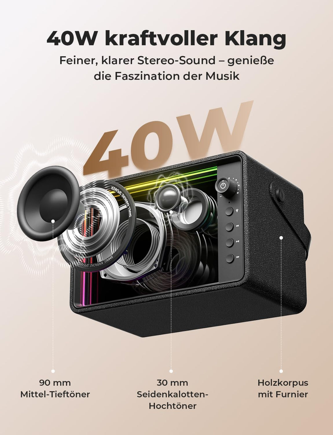 RIENOK Bluetooth-Lautsprecher, 40 W, leistungsstark, Autonomie, 15 H, RGB-Lichter, Bluetooth 5.3, St
