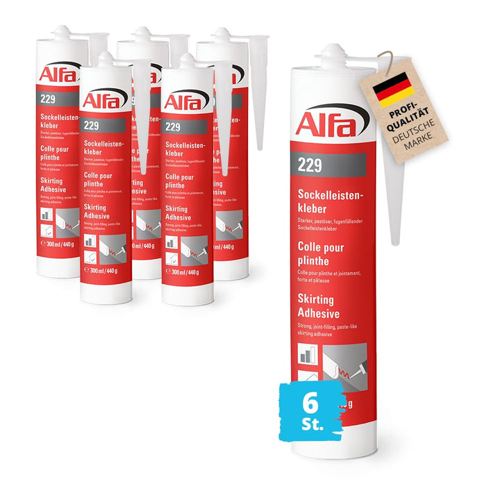 6x Alfa Sockelleistenkleber 300ml/440g weisser Montagekleber mit hoher Anfangshaftung zur Befestigun