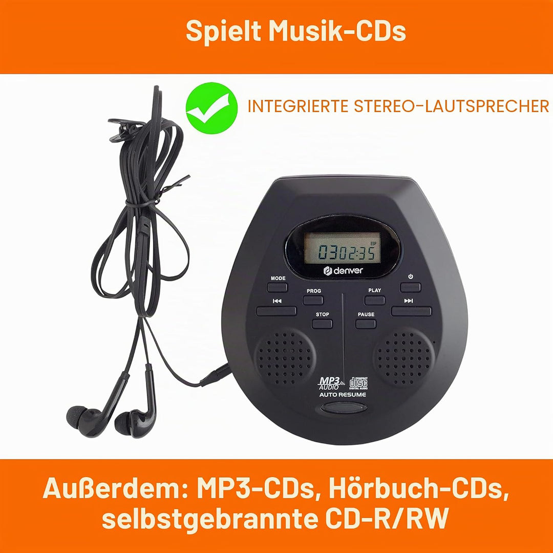 Denver DMP-395B Tragbarer CD-Player CD, CD-R, CD-RW, MP3 Inkl. Lautsprecherbox Schwarz, Schwarz