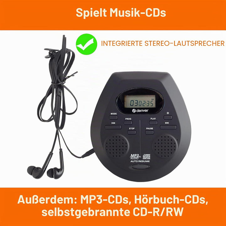 Denver DMP-395B Tragbarer CD-Player CD, CD-R, CD-RW, MP3 Inkl. Lautsprecherbox Schwarz, Schwarz
