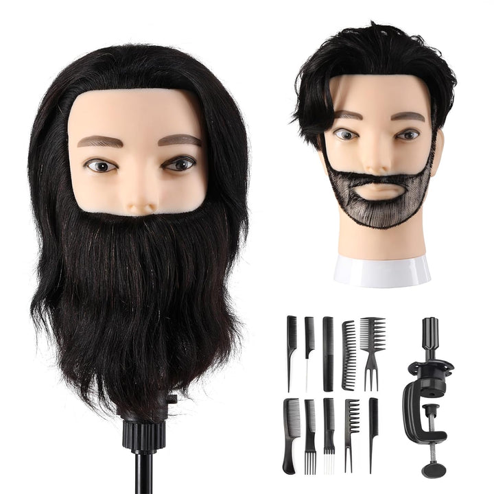 Mann Frisierkopf 100% Echthaar mit Bart Männlich Übungskopf Echthaar Friseur Kopf Puppenkopf Mannequ