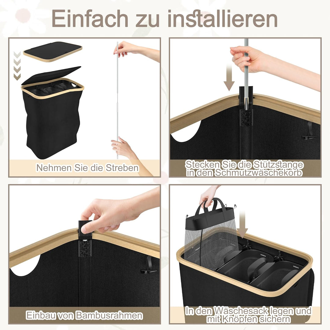 UISEBRT Wäschekorb mit Deckel, Wäschesammler 3 Fächer, 140L Wäschesack Schmal Faltbare Wäschekörbe,