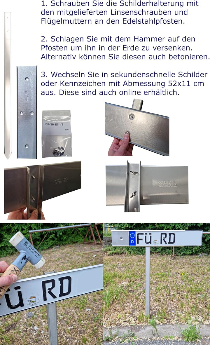 Edelstahl Parkschild Halterung mit Pfosten, Schild einfach einschieben, Made in Germany Parkschild H
