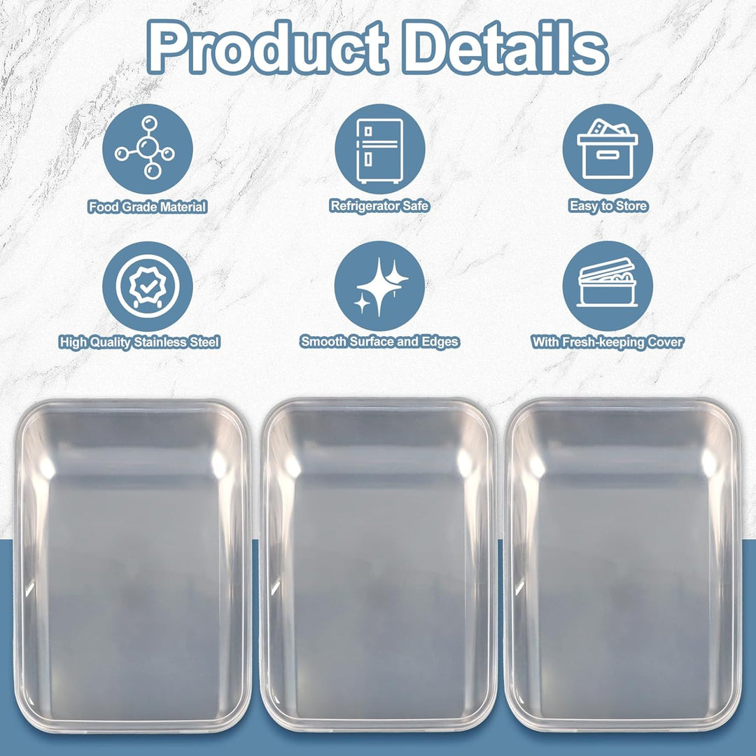 Brotschalen Edelstahl 3er Set Rechteckig GN Behälter mit Deckel 25,5 x 20 x 5 cm für Schnitzel, Flei