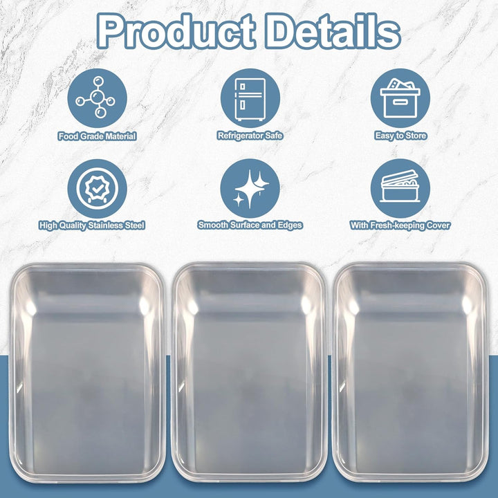 Brotschalen Edelstahl 3er Set Rechteckig GN Behälter mit Deckel 25,5 x 20 x 5 cm für Schnitzel, Flei
