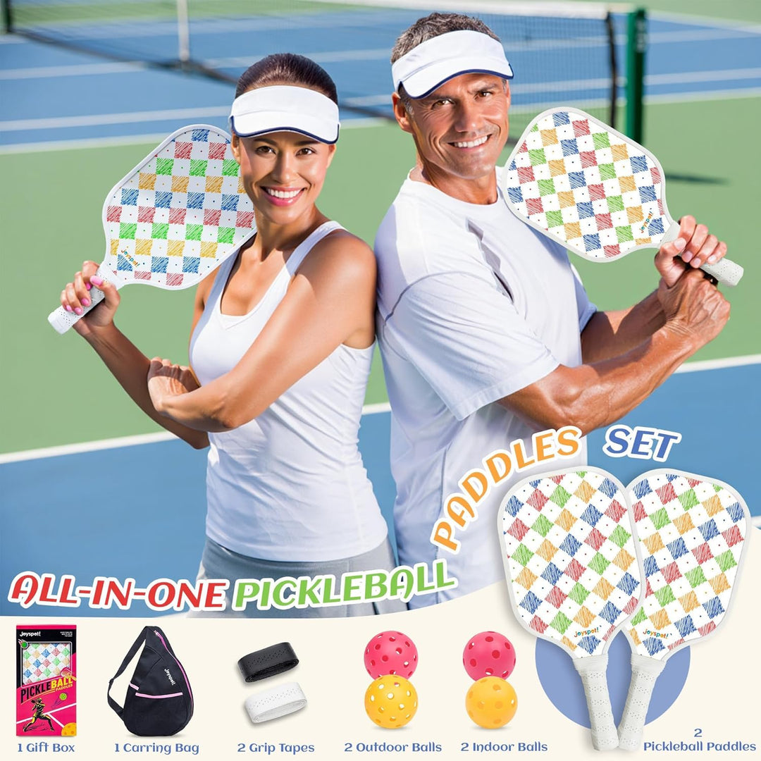 JOY SPOT! Pickleball Schläger 2 Set, Leichter Pickleball Schläger mit Fiberglas-Oberfläche, 4 Bälle