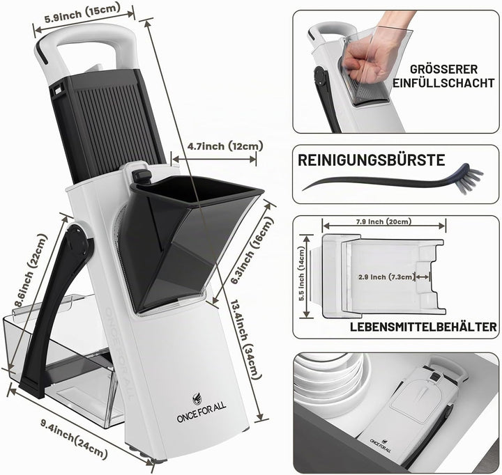 ONCE FOR ALL Upgrade Safe Mandoline Slicer Plus, grössere Grösse, verstellbarer Gemüse- und Lebensmi
