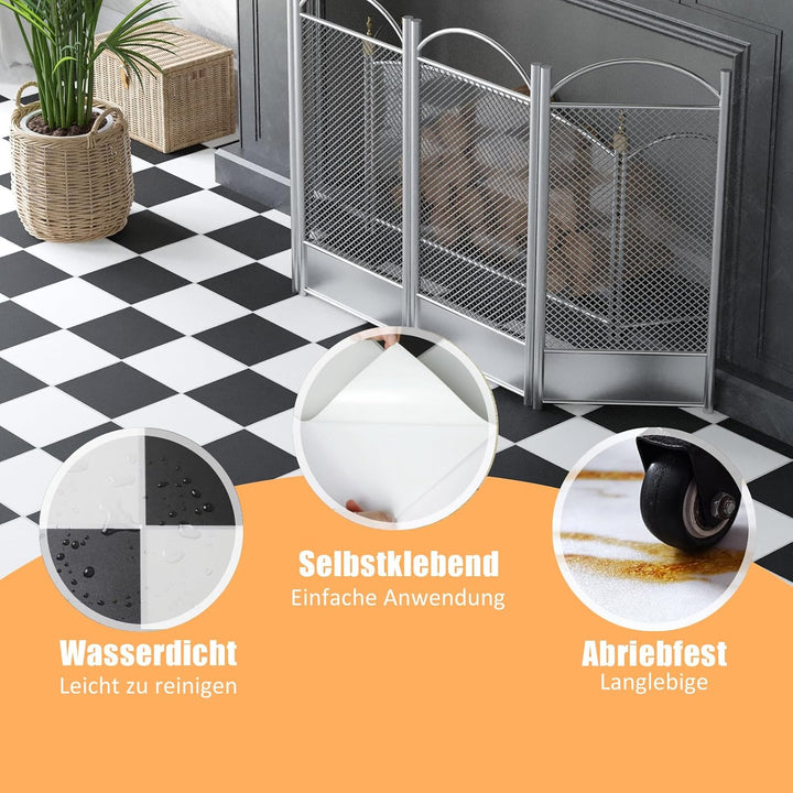PVC Bodenbelag Selbstklebende Fliesen Schachbrettmuster 30x30 cm, Fliesenoptik Vinylboden Bodenflies