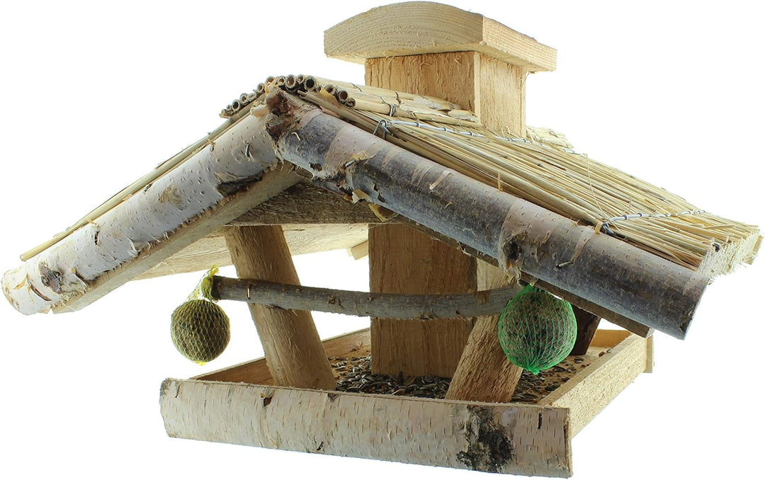 Vogelhaus Futterhaus Vogelvilla Heide aus Echtholz mit Futtersilo und Ständer XXL 145cm Höhe 60cm Br
