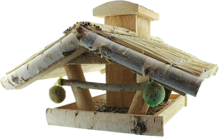 Vogelhaus Futterhaus Vogelvilla Heide aus Echtholz mit Futtersilo und Ständer XXL 145cm Höhe 60cm Br