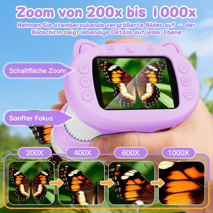 Tragbares Mikroskop für Kinder, 1000x Digitales Handmikroskop Kinder mit 2,4 Zoll IPS Bildschirm, Fo