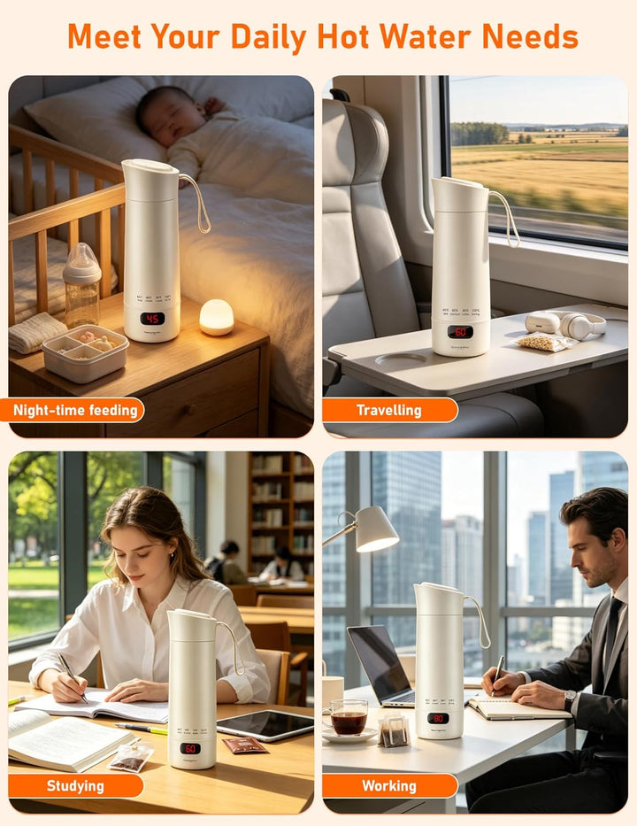 Reisewasserkocher Klein, 450ml Tragbarer Mini Wasserkocher mit 6 Temperatureinstellung LED-Display E