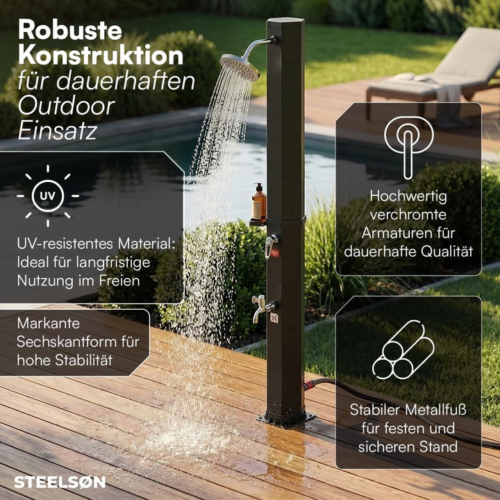 STEELSØN Xypher Solardusche 60 L ohne Bodenplatte – Gartendusche bis 60° C – Pooldusche ohne Stroman