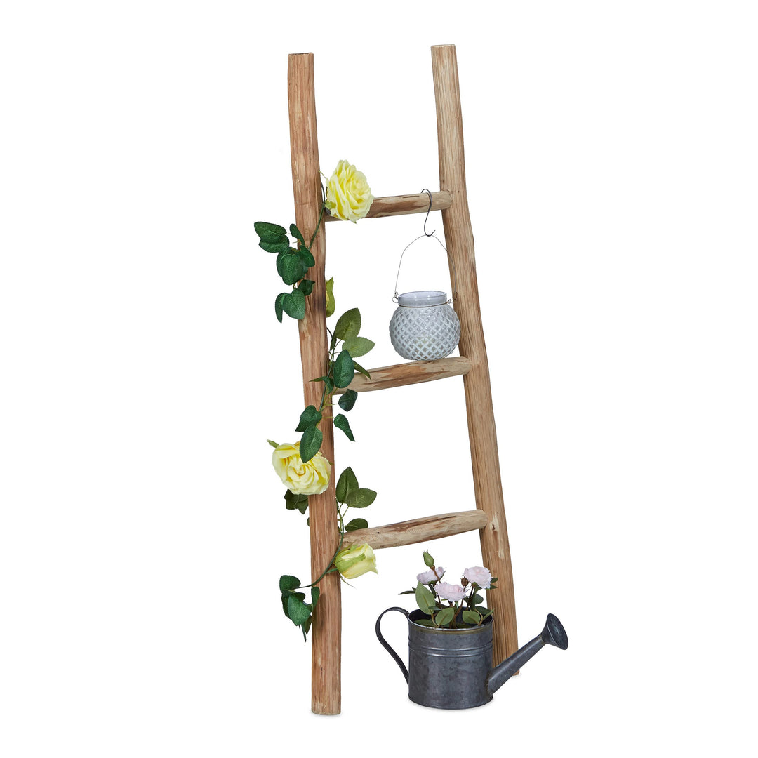 Relaxdays Dekoleiter, 90 cm hoch, Holzleiter Garten, 3 Sprossen, Kastanie, Handarbeit, Handtuch-& Kl