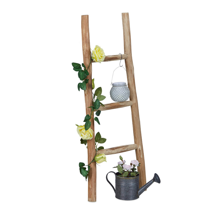 Relaxdays Dekoleiter, 90 cm hoch, Holzleiter Garten, 3 Sprossen, Kastanie, Handarbeit, Handtuch-& Kl