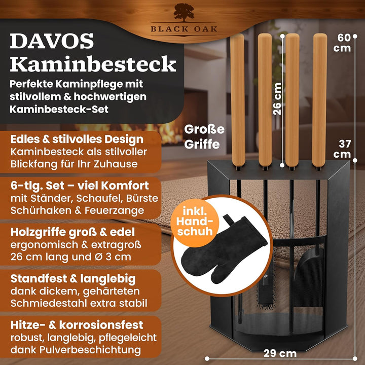 BLACK OAK Kaminbesteck DAVOS 5-teilig mit Lederhandschuh - edles & dekoratives Ofenbesteck Set schwa