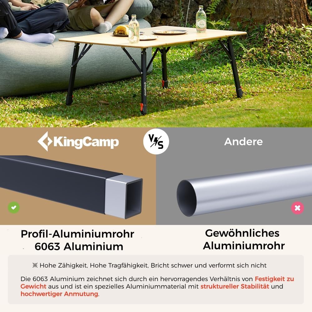 KingCamp Campingtisch Bambus 80 x 60 cm Klapptisch höhenverstellbar 42~70cm für 2-4 Personen 4 Falte