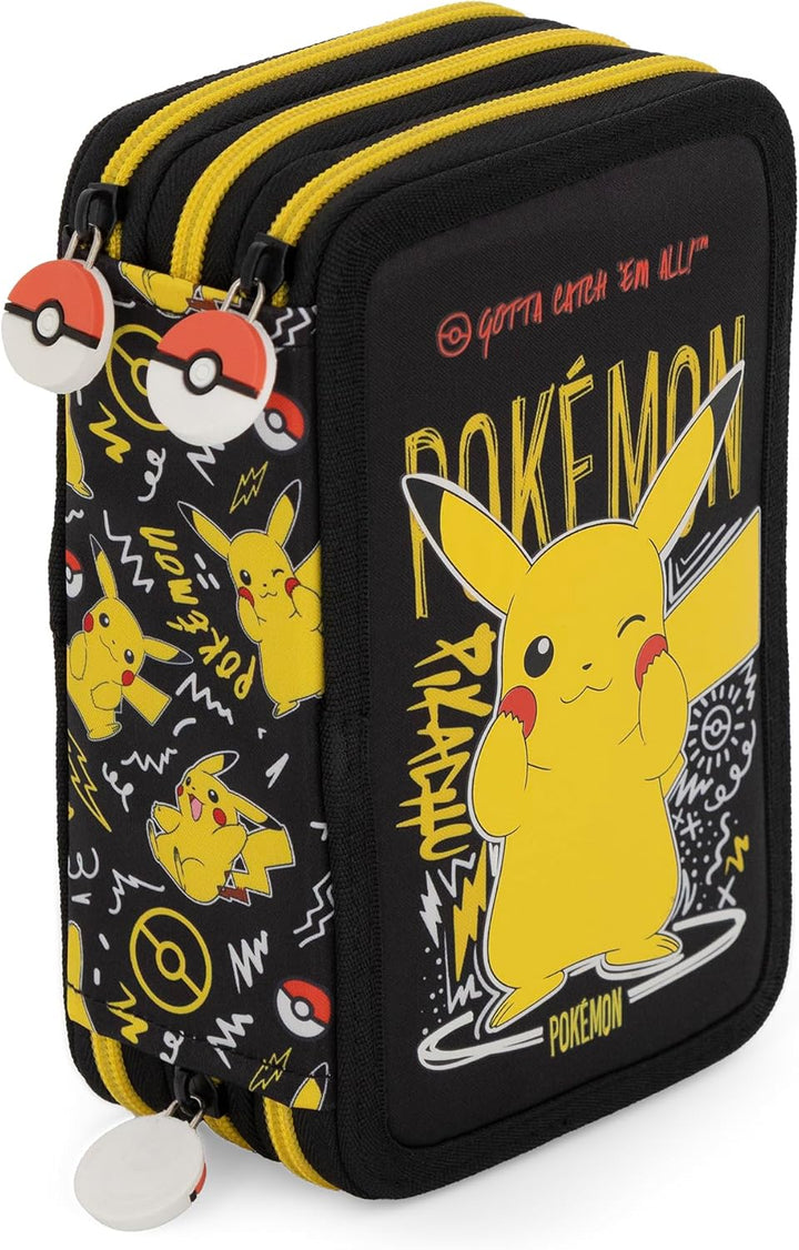 Pokémon Pikachu Federmappe Federtasche Qualitäts-Mäppchen 3-Fach gefüllt mit 42 Teilen Federmäppchen