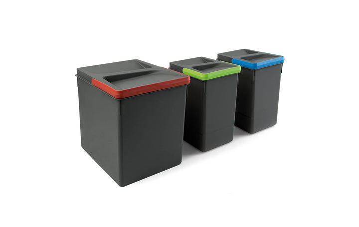 Emuca - Recycle Behälter für Küchenschublade, Höhe 266, 1x15L + 2x7L, Anthrazitgrauer Kunststoff, Ku
