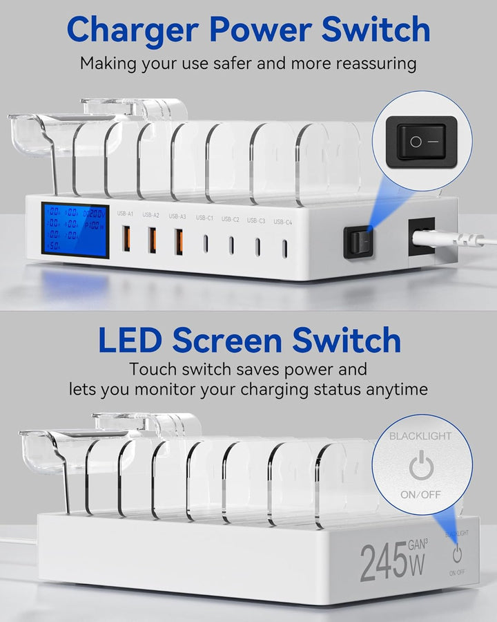 Ladestation Mehrere Geräte, 245W 7-Port-Handy Ladestation mit LCD-Anzeige, 100W PD USB C Schnelllade