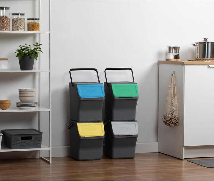TATAY Mülltrennsystem Easy Waste 20L | 4er Set Recycling Behälter | Modular und Stapelbar | Deckel m