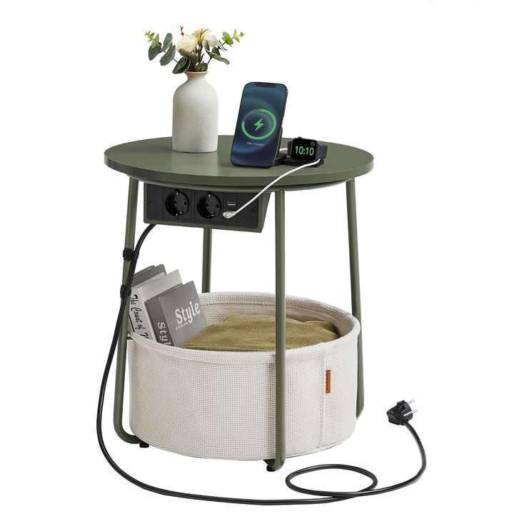 VASAGLE Beistelltisch rund, Kleiner Tisch, Couchtisch mit Steckdose, Wohnzimmertisch, Korb aus Stoff