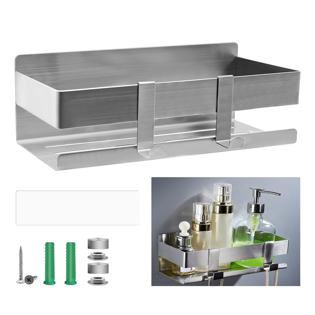 TETEWEVER 1 Stück Duschablage Ohne Bohren Edelstahl Duschregal mit 2 Haken Duschkorb zum Kleben 23cm