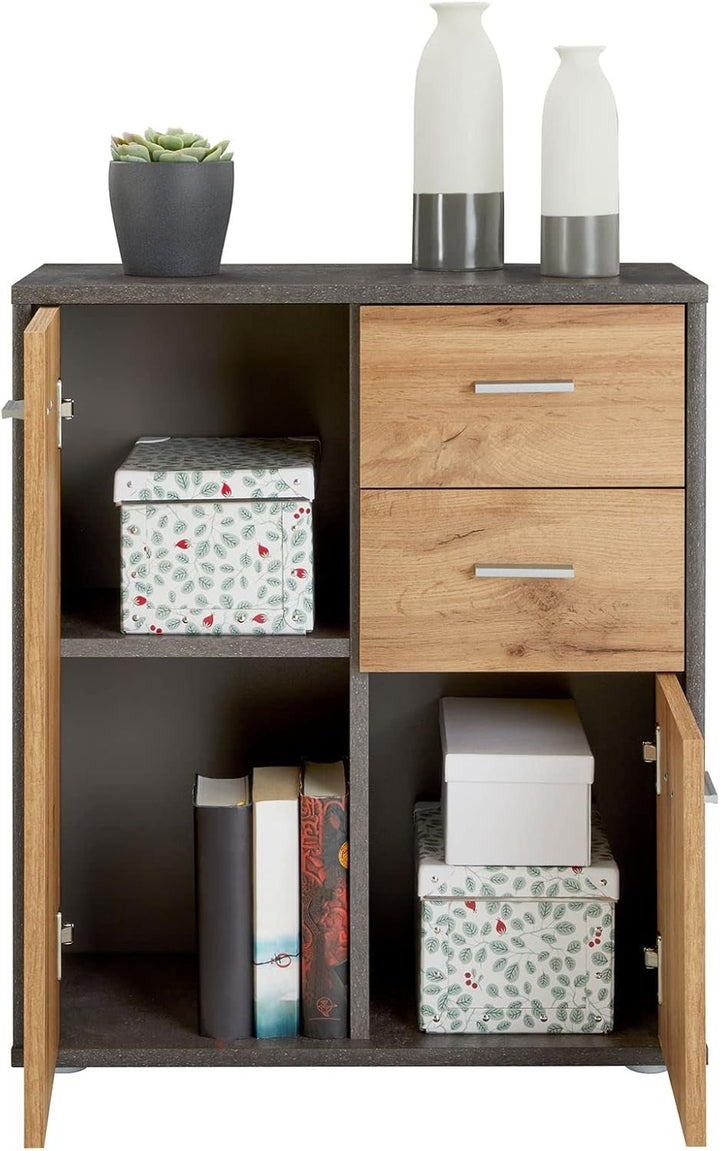 CARO-Möbel Kommode Locarno mit 2 Schubladen und Türen, modernes Highboard Bürokommode in Beton dunke