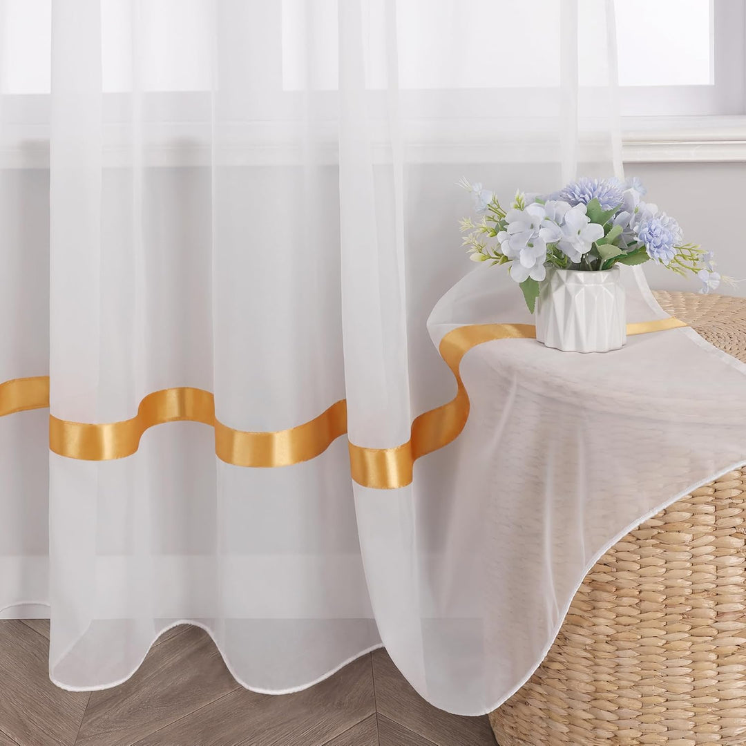 Stores Voile Gardine Schal Transparenter Vorhang mit Satinband Kräuselband H/B 245/300 cm Gelb H245