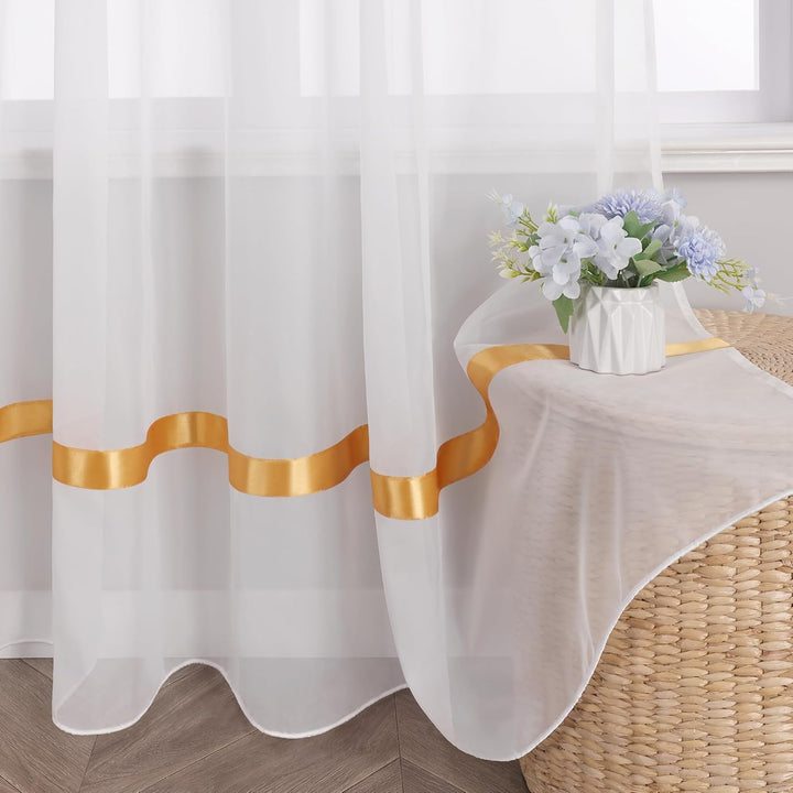 Stores Voile Gardine Schal Transparenter Vorhang mit Satinband Kräuselband H/B 245/300 cm Gelb H245
