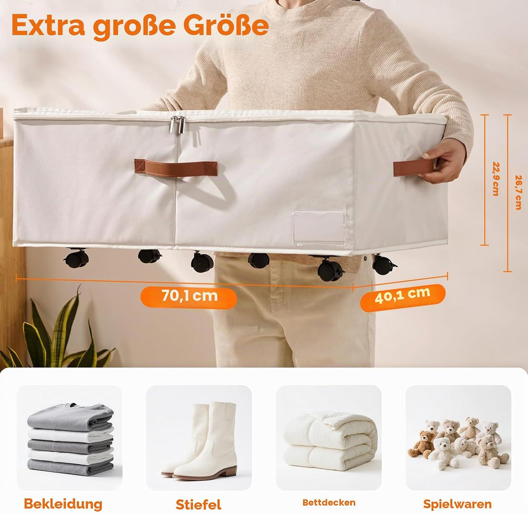 2er-Set Grosse Unterbett-Aufbewahrung mit Rädern, 60 Liter Volumen - 26,5 cm Höhe (10,5 Zoll) - Weis