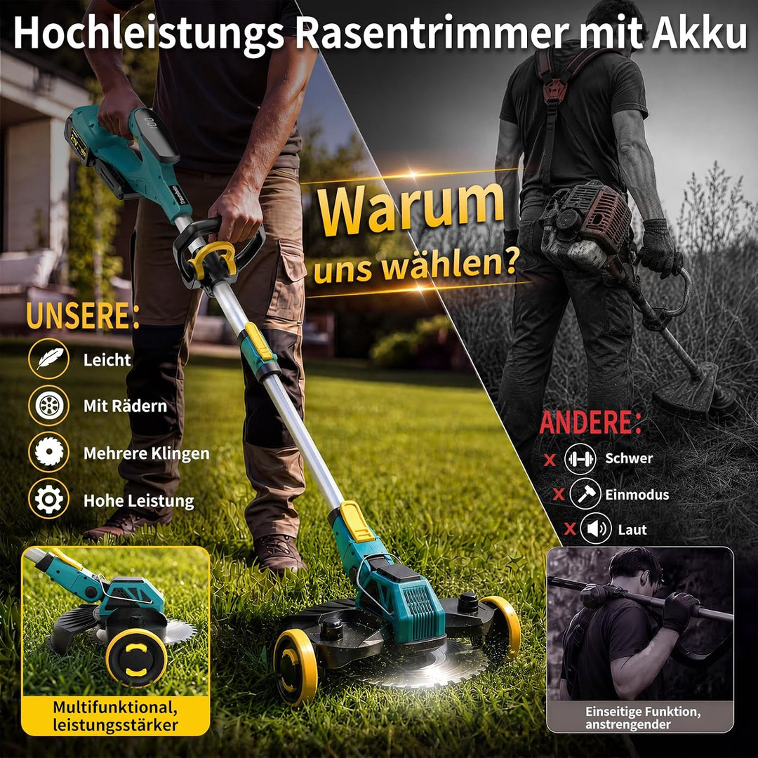 Rasentrimmer mit Akku, 21V Akku Rasentrimmer für Makita Akku, Rasentrimmer mit Unkrautbürste, 2 * 4.