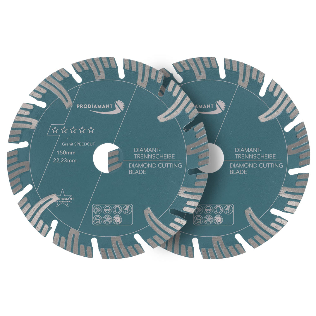 PRODIAMANT Profi Diamant-Trennscheibe Granit Super Speed Cut Doppelpack 150 mm x 22,2 mm mit Schutzs