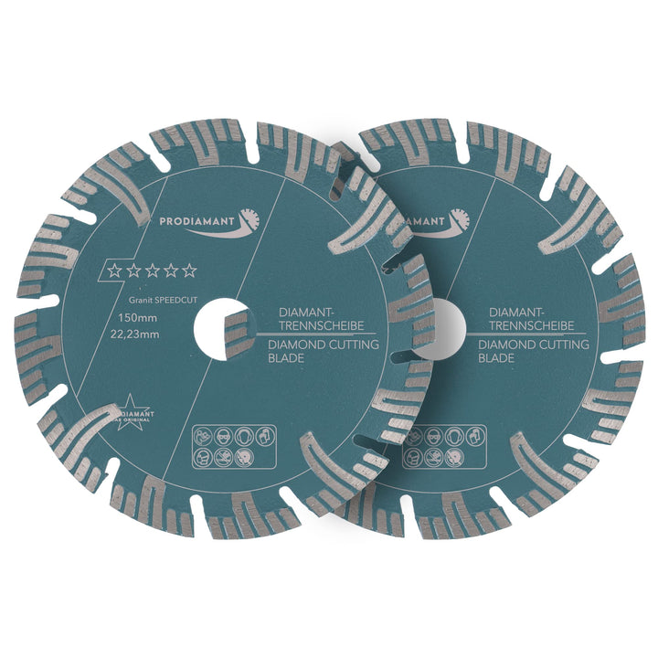 PRODIAMANT Profi Diamant-Trennscheibe Granit Super Speed Cut Doppelpack 150 mm x 22,2 mm mit Schutzs