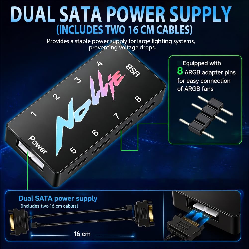 8-Port ARGB Controller, SGZIOO ARGB PWM Fan Hub, 5V 3 Pin RGB Controller PC mit 2 SATA-Kabel, Lüfter