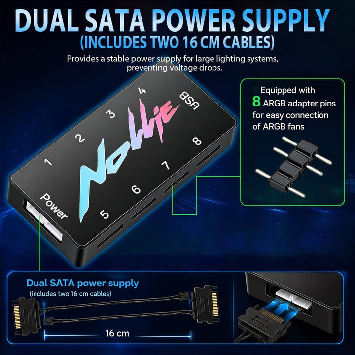 8-Port ARGB Controller, SGZIOO ARGB PWM Fan Hub, 5V 3 Pin RGB Controller PC mit 2 SATA-Kabel, Lüfter