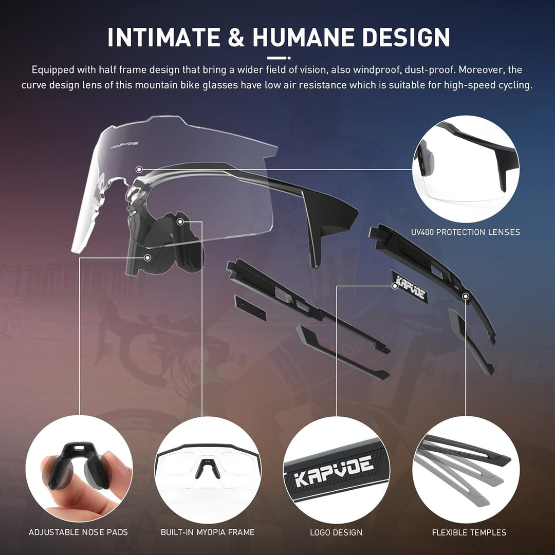 KAPVOE Photochromatische Selbsttönend Fahrradbrille TR90 Rahmen für Herren Damen Jungen Mädchen Klar