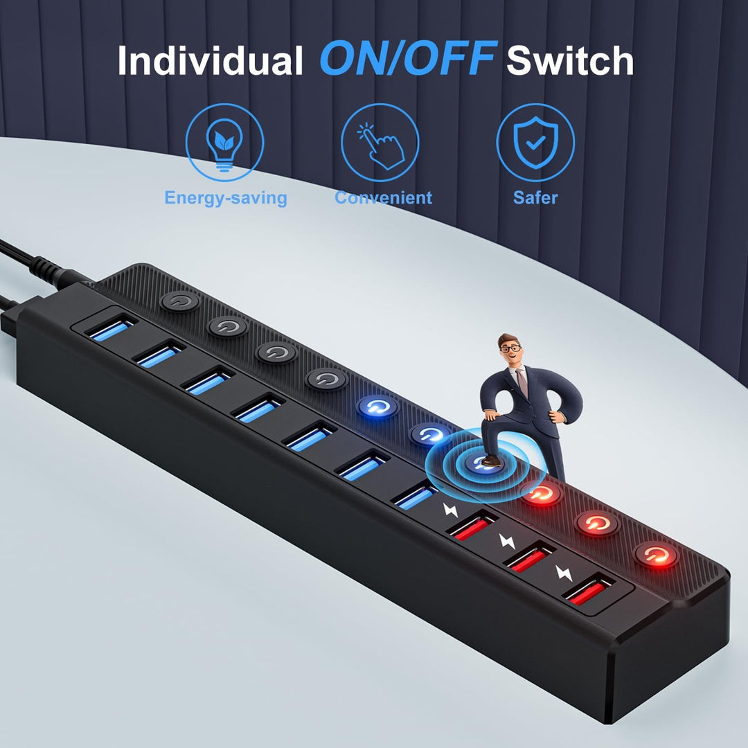 Ziumier USB Hub 3.0 Aktiv mit Netzteil, 10 Ports 36W USB Verteiler(3 Schnellladeanschlüsse + 7 USB H