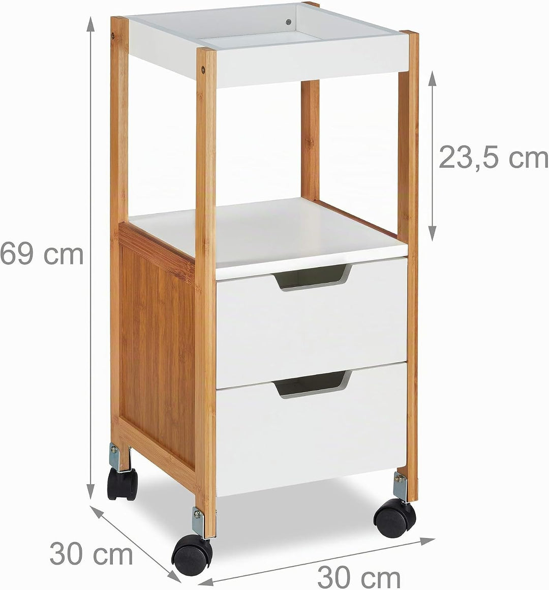 Relaxdays Rollwagen mit Schubladen, Teewagen, Tabletttisch rollbar, Küchenwagen aus MDF, Bambus, HBT