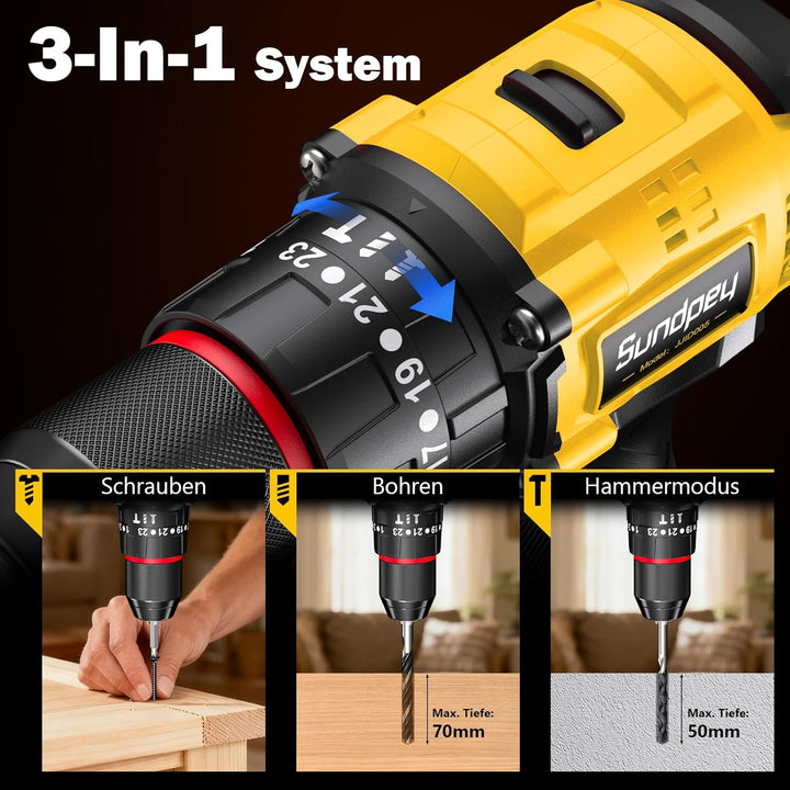 Sundpey 21V Akkuschrauber Set - Max. 70Nm Bürstenlos Akkubohrer und Schrauber mit 2 x 2.0Ah Akku, 23