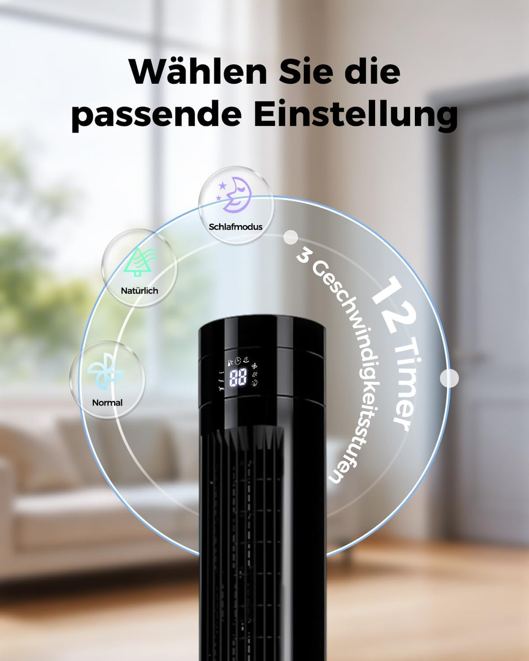 YASHE Leiser Turmventilator 110 cm mit Fernbedienung, 28 dB Säulenventilator ohne Flügel, 85° Oszill