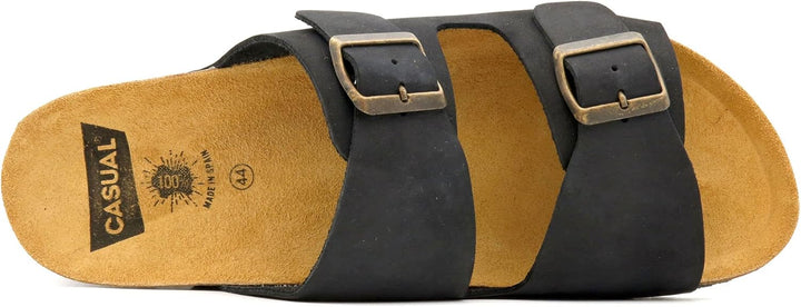 Casual Herren Pantoletten Nubuk Leder Sandalen Korksohle &amp; Echtleder Fussbett 39-47 41 EU Schwarz, 4