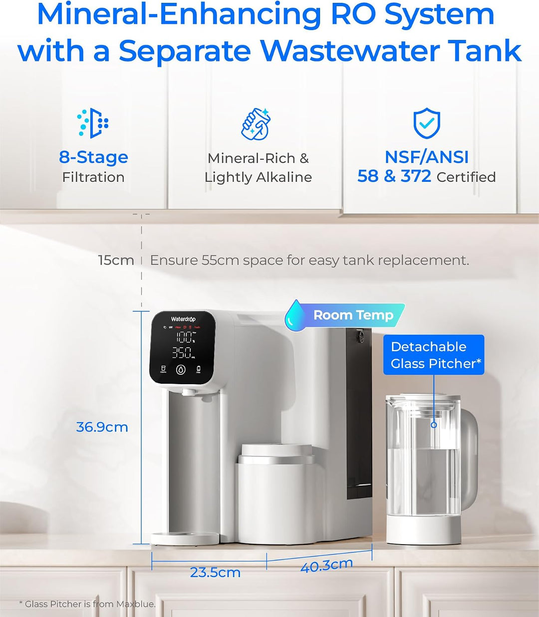 Waterdrop M6SL Mineralisiertes Auftisch Osmoseanlage, Raumtemperatur | Glaskaraffe, 8-Stufen-Filtrat